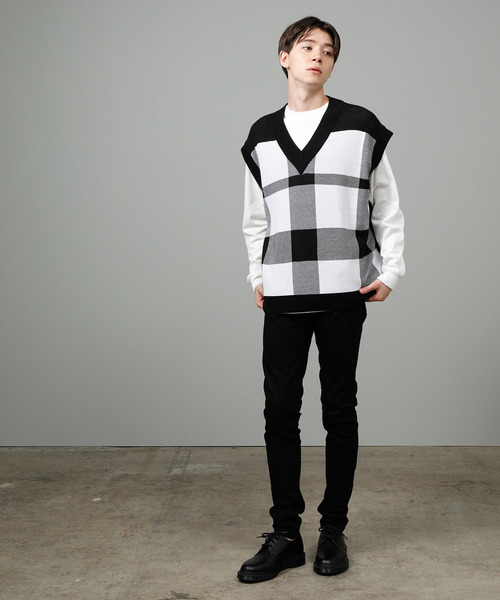 JUNRED（ジュンレッド）の「BIGチェックベスト（ベスト・メンズ・ブラック/ベージュ・FREE）」の4枚目の写真