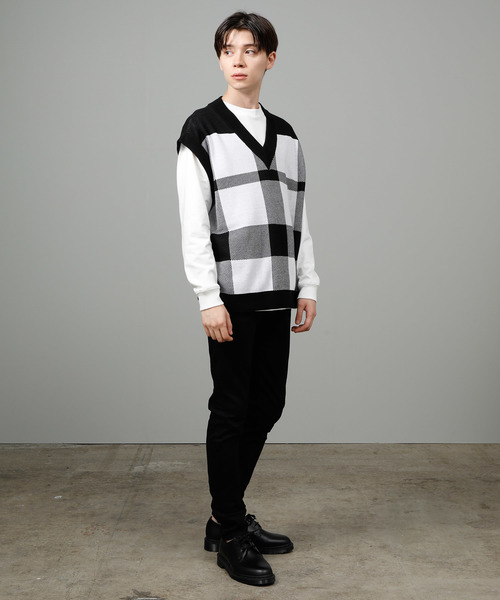 JUNRED（ジュンレッド）の「BIGチェックベスト（ベスト・メンズ・ブラック/ベージュ・FREE）」の5枚目の写真