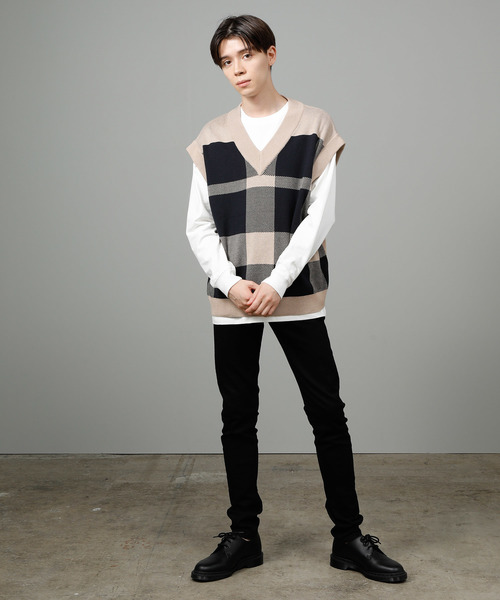 JUNRED（ジュンレッド）の「BIGチェックベスト（ベスト・メンズ・ブラック/ベージュ・FREE）」の6枚目の写真