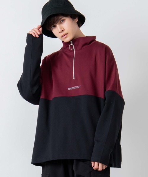 WEGO（ウィゴー）の「WEGO/ハーフジップバイカラービッグシルエットドルマンプルオーバー（スウェット・メンズ・ワイン/ブラック/ベージュ・MEDIUM/LARGE）」の3枚目の写真