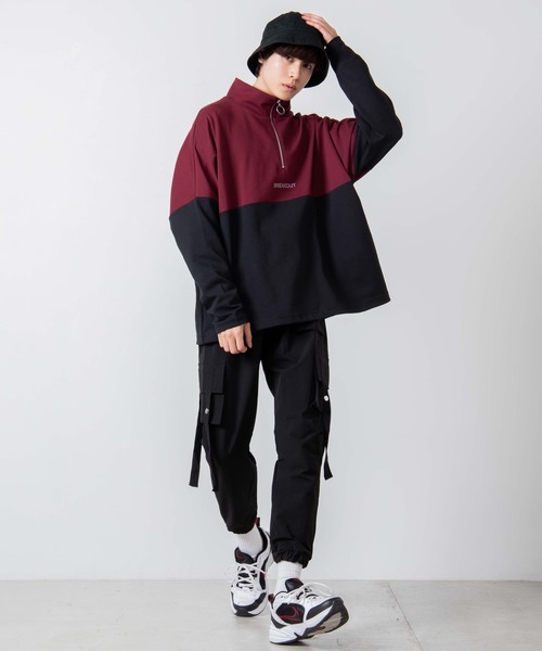 WEGO（ウィゴー）の「WEGO/ハーフジップバイカラービッグシルエットドルマンプルオーバー（スウェット・メンズ・ワイン/ブラック/ベージュ・MEDIUM/LARGE）」の4枚目の写真