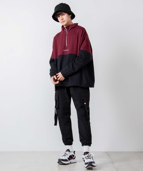 WEGO（ウィゴー）の「WEGO/ハーフジップバイカラービッグシルエットドルマンプルオーバー（スウェット・メンズ・ワイン/ブラック/ベージュ・MEDIUM/LARGE）」の5枚目の写真