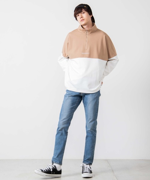 WEGO（ウィゴー）の「WEGO/ハーフジップバイカラービッグシルエットドルマンプルオーバー（スウェット・メンズ・ワイン/ブラック/ベージュ・MEDIUM/LARGE）」の9枚目の写真