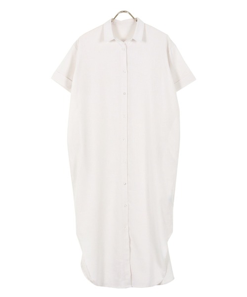 KOBE LETTUCE（コウベレタス）の「選べる半袖or長袖　リネンブレンドルーズシャツワンピース（シャツワンピース・レディース・オフホワイト/モカ/ナチュラル/グリーン系その他/ブラウン/ピンク/ベージュ系その他/ホワイト系その他/グリーン系その他2/ピンク系その他・FREE/ONE SIZE）」の3枚目の写真