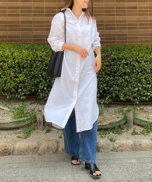 KOBE LETTUCE（コウベレタス）の「選べる半袖or長袖　リネンブレンドルーズシャツワンピース（シャツワンピース・レディース・オフホワイト/モカ/ナチュラル/グリーン系その他/ブラウン/ピンク/ベージュ系その他/ホワイト系その他/グリーン系その他2/ピンク系その他・FREE/ONE SIZE）」の13枚目の写真