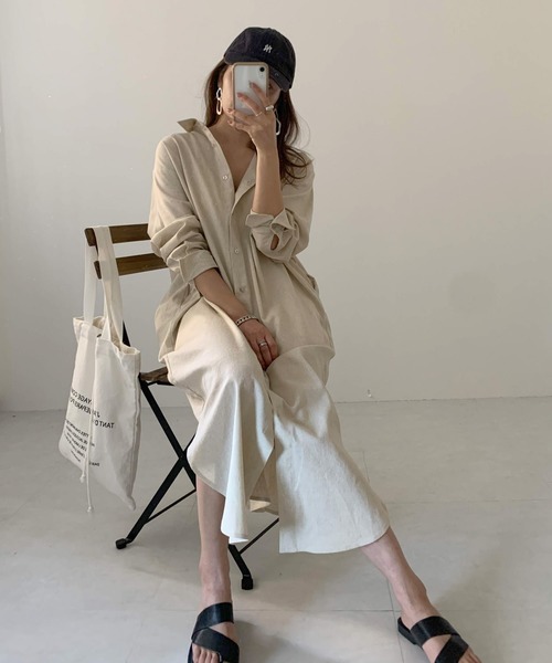 KOBE LETTUCE（コウベレタス）の「選べる半袖or長袖　リネンブレンドルーズシャツワンピース（シャツワンピース・レディース・オフホワイト/モカ/ナチュラル/グリーン系その他/ブラウン/ピンク/ベージュ系その他/ホワイト系その他/グリーン系その他2/ピンク系その他・FREE/ONE SIZE）」の21枚目の写真