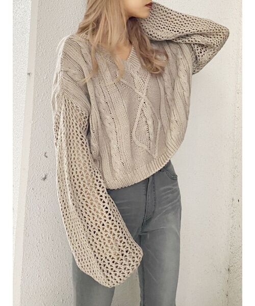 GYDA（ジェイダ）の「メッシュブリーチショートニット TOPS（ニット/セーター・レディース・ベージュ/ネイビー/ボルドー・FREE）」の2枚目の写真