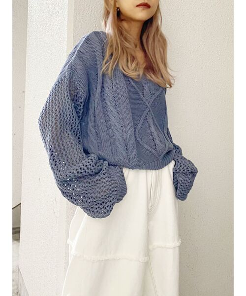 GYDA（ジェイダ）の「メッシュブリーチショートニット TOPS（ニット/セーター・レディース・ベージュ/ネイビー/ボルドー・FREE）」の3枚目の写真