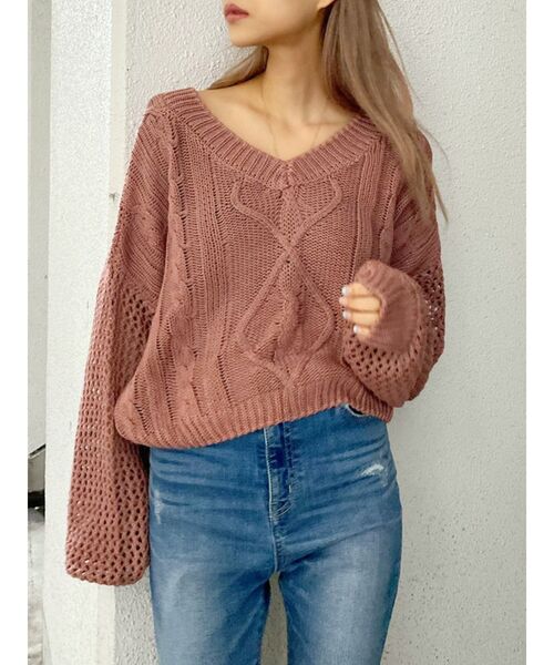 GYDA（ジェイダ）の「メッシュブリーチショートニット TOPS（ニット/セーター・レディース・ベージュ/ネイビー/ボルドー・FREE）」の16枚目の写真