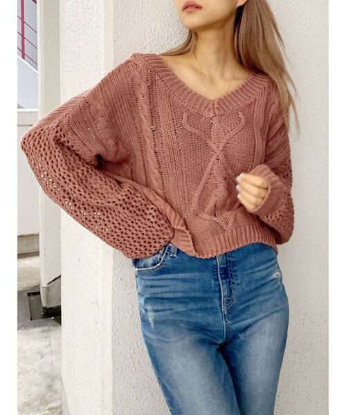 GYDA（ジェイダ）の「メッシュブリーチショートニット TOPS（ニット/セーター・レディース・ベージュ/ネイビー/ボルドー・FREE）」の15枚目の写真