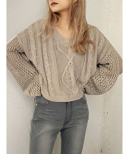 GYDA（ジェイダ）の「メッシュブリーチショートニット TOPS（ニット/セーター・レディース・ベージュ/ネイビー/ボルドー・FREE）」の12枚目の写真