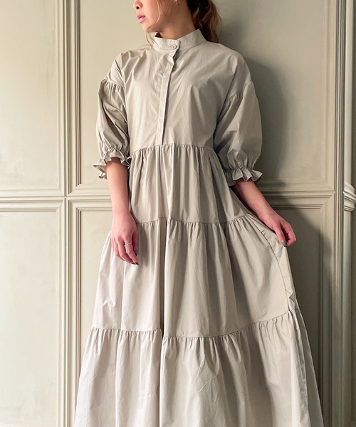 JUNOAH（ジュノア）の「ティアード5分袖スタンドカラーワンピース（ワンピース・レディース・ホワイト/ブラック/ネイビー/グレー/グレイッシュベージュ・MEDIUM/LARGE/X-LARGE）」の13枚目の写真