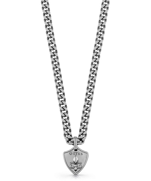 Guess(ゲス)の「KNIGHT FLOWER 8mm Curb 4DC Shield Necklace (Antique Silver)(ネックレス・メンズ・アンティークシルバー・ONE SIZE)」の1枚目の写真