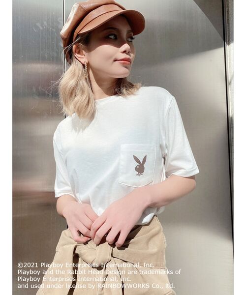 PLAYBOY（プレイボーイ）の「PLAYBOY CALIFORNIA BEACH BUNNY ポケットTシャツ（Tシャツ/カットソー・レディース・オフホワイト/ベージュ/マスタード・FREE）」の7枚目の写真
