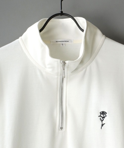 SITRY（シトリー）の「Big silhouette rose stitch half zip T shirt / ビッグシルエット バラ刺繍 ハーフジップ ワンポイント刺繍 半袖 Tシャツ（Tシャツ/カットソー・メンズ・ホワイト/チャコールグレー/ブラック/グリーン・M/L）」の5枚目の写真