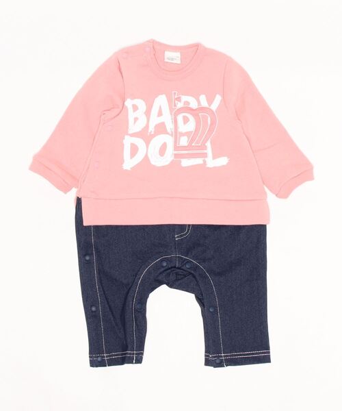 BABYDOLL(ベビードール)の「王冠ワッペンデニム切替ロンパース 7329B(ロンパース・キッズ・ブラック/チェリーピンク・80cm/70cm)」の1枚目の写真