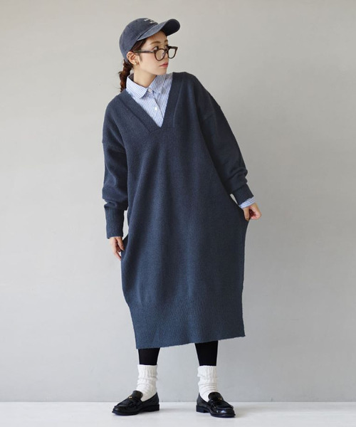 セール】【丈が選べる！トレンドシルエットワンピ】Vネックニット