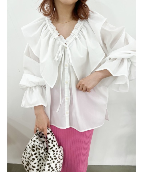 JUMELLE（ジュメロ）の「ボリュームフリルブラウス（シャツ/ブラウス・レディース・ネイビー/ホワイト・FREE）」の2枚目の写真