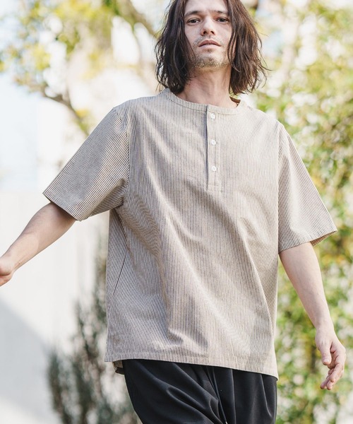 CAMBIO(カンビオ)の「mhs1981- Sleeping Stripe Short Sleeve Shirts スリーピングシャツ(シャツ/ブラウス・メンズ・ネイビー/ブラウン系その他・M/L)」の1枚目の写真