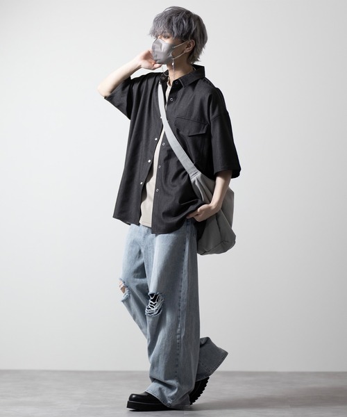 CLEL（クレイル）の「【CLEL】Ring Snap Loose Short Sleeve Shirt/リングスナップルーズ半袖シャツ（シャツ/ブラウス・メンズ・ブルー系/グレイッシュベージュ/チャコールグレー・S/M/L）」の5枚目の写真