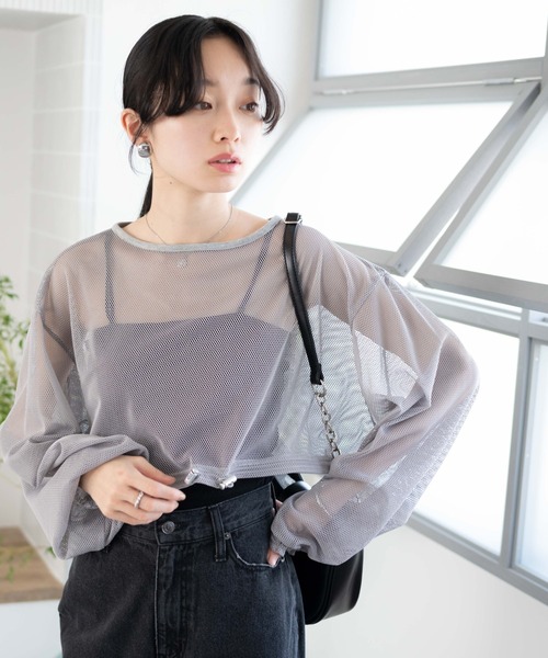 WEGO(ウィゴー)の「WEGO/ドロストメッシュロンT(Tシャツ/カットソー・レディース・オフホワイト/ライトグレー/ブラック・FREE)」の3枚目の写真