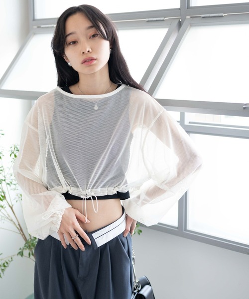 WEGO(ウィゴー)の「WEGO/ドロストメッシュロンT(Tシャツ/カットソー・レディース・オフホワイト/ライトグレー/ブラック・FREE)」の10枚目の写真