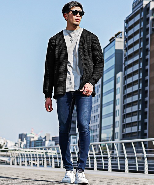 SOMEDIFF（サムディフ）の「【SOEMDIFF】2トーンワッフルボタンレスVカーディガン メンズ 涼しい 軽量 スマート（カーディガン/ボレロ・メンズ・ホワイト/ネイビー/ブラック・M/L/XL）」の15枚目の写真