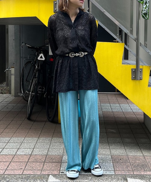 mi via loca（ミヴィアロカ）の「【セルフカット】シャイニーストライプWAVE柄プリーツパンツ（その他パンツ・レディース・ベージュ/ブラック/ブルー・FREE）」の19枚目の写真