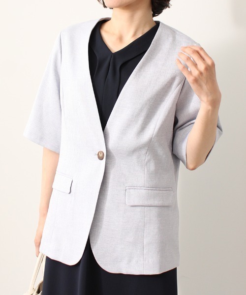 fleur by mint breeze(フルールバイミントブリーズ)の「【L~5L 大きいサイズ】リネンライク 半袖 ノーカラー ジャケット(ノーカラージャケット・レディース・ネイビー/サックスブルー・5L/3L/4L/LL)」の2枚目の写真