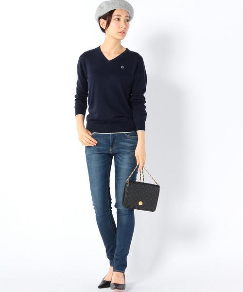 coen（コーエン）の「コットンカシミヤＶネックニットプルオーバー（ニット/セーター・レディース・ライトグレー/ネイビー・LARGE/MEDIUM）」の9枚目の写真