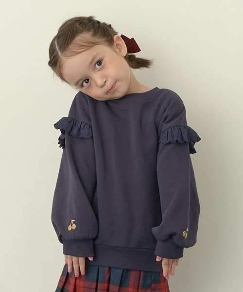 Lycee mine（リセマイン）の「【どっちが前でもOK!】【表コットン裏毛バイバイ裏起毛】コットンレーススウェット（スウェット・キッズ・ピンク/ネイビー/ラベンダー/ミント/グレイッシュベージュ・100cm/130cm/140cm/120cm/110cm/150cm）」の3枚目の写真