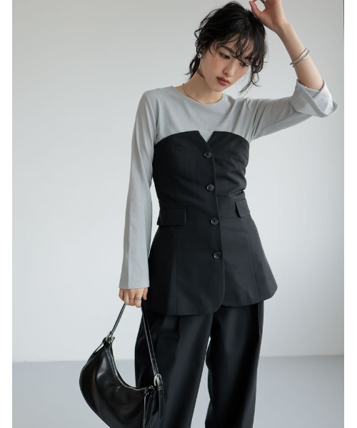 Re:EDIT（リエディ）の「[神山まりあさん着用][2024SS COLLECTION]ライトツイルベアボタンコンパクトビスチェ（ベスト・レディース・ベージュ/アイボリー/ブラック/グレー・MEDIUM/LARGE）」の7枚目の写真