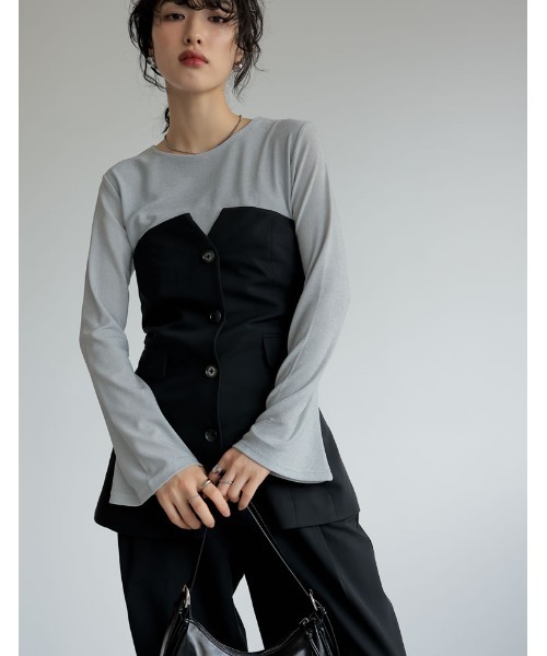 Re:EDIT（リエディ）の「[神山まりあさん着用][2024SS COLLECTION]ライトツイルベアボタンコンパクトビスチェ（ベスト・レディース・ベージュ/アイボリー/ブラック/グレー・MEDIUM/LARGE）」の8枚目の写真