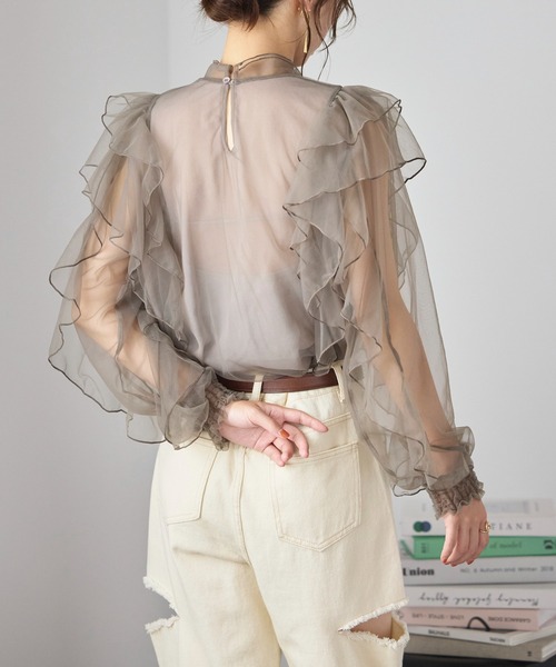 セール】【MAISON BREEZE reveur】sheer ruffle pin tuck blouse