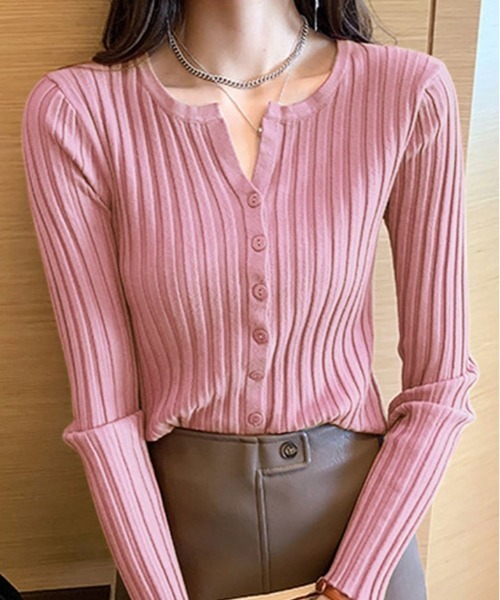 kirakiraShop(キラキラショップ)の「キーネック リブ ニット カーディガン(ニット/セーター・レディース・ブルー/ブラック/ダークグリーン/パープル/ブラウン/グレー/ピンク/オレンジ/オフホワイト/ベージュ系その他/グリーン系その他/ピンク系その他/レッド系その他/ライトベージュ/グリーン系その他2・FREE)」の13枚目の写真