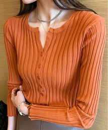 キーネック リブ ニット カーディガン