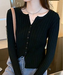 キーネック リブ ニット カーディガン