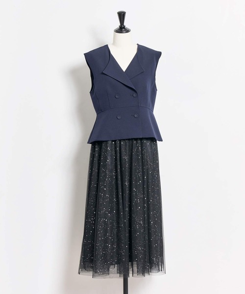 【セール】【Noela×LANTINAMコラボ】ペプラムジレ×パターンチュールスカート（ワンピース）｜Noela（ノエラ）