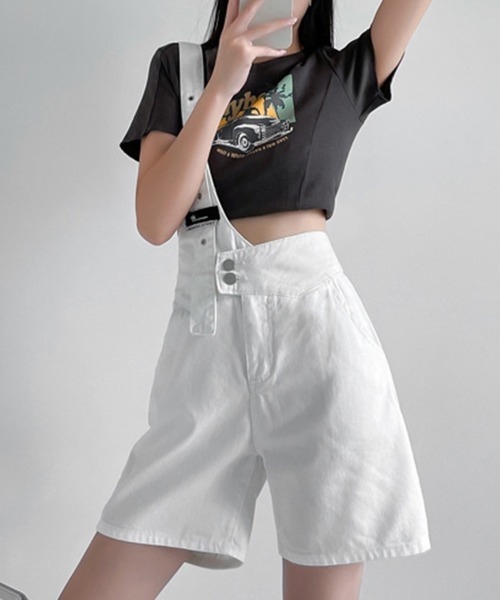 Miniministore(ミニミニストア)の「デニムサロペット ショートオーバーオール(デニムパンツ・レディース・インディゴブルー/ホワイト・M/XL/S/L)」の1枚目の写真