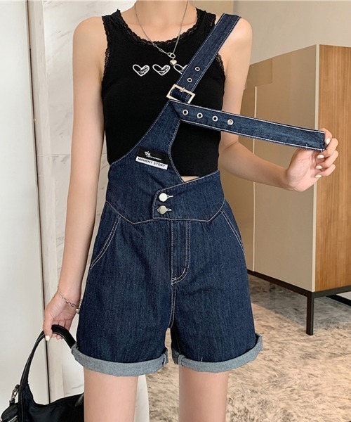 Miniministore(ミニミニストア)の「デニムサロペット ショートオーバーオール(デニムパンツ・レディース・インディゴブルー/ホワイト・M/XL/S/L)」の2枚目の写真