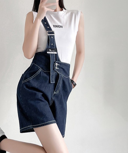 Miniministore(ミニミニストア)の「デニムサロペット ショートオーバーオール(デニムパンツ・レディース・インディゴブルー/ホワイト・M/XL/S/L)」の3枚目の写真