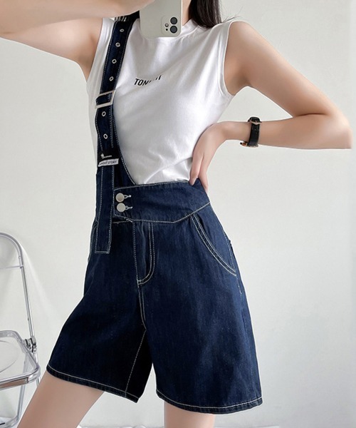 Miniministore(ミニミニストア)の「デニムサロペット ショートオーバーオール(デニムパンツ・レディース・インディゴブルー/ホワイト・M/XL/S/L)」の4枚目の写真