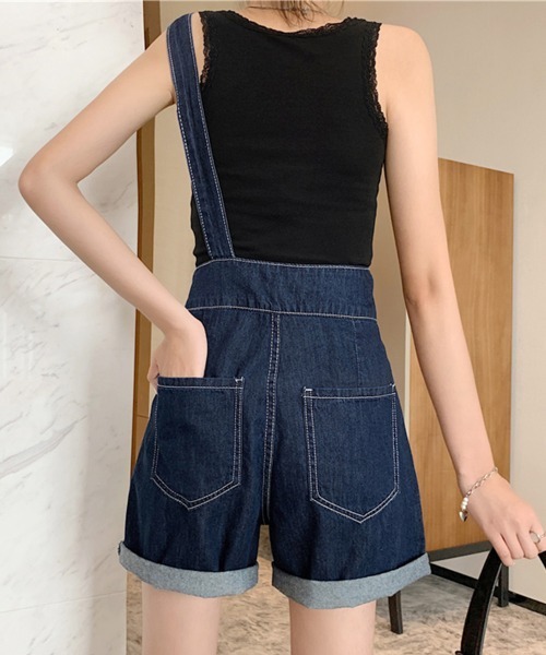 Miniministore(ミニミニストア)の「デニムサロペット ショートオーバーオール(デニムパンツ・レディース・インディゴブルー/ホワイト・M/XL/S/L)」の5枚目の写真