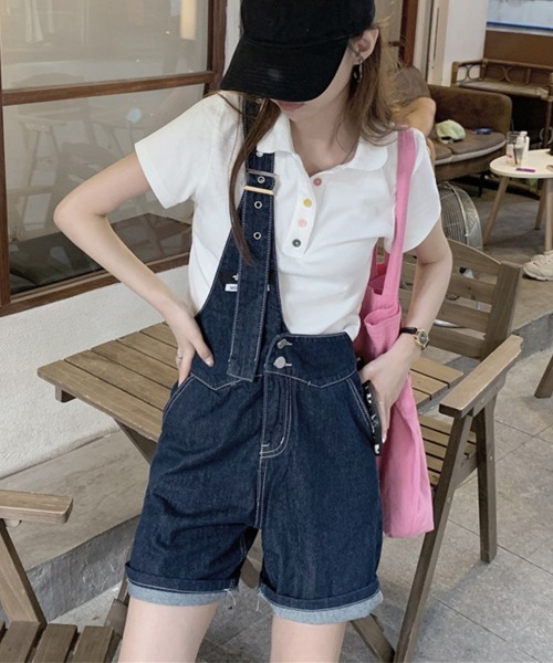 Miniministore(ミニミニストア)の「デニムサロペット ショートオーバーオール(デニムパンツ・レディース・インディゴブルー/ホワイト・M/XL/S/L)」の13枚目の写真