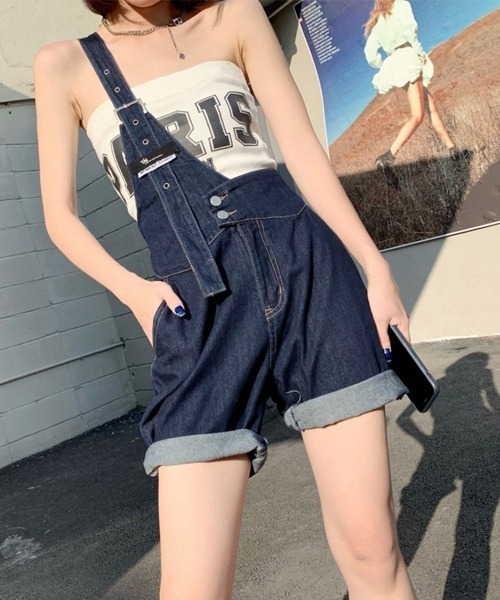 Miniministore(ミニミニストア)の「デニムサロペット ショートオーバーオール(デニムパンツ・レディース・インディゴブルー/ホワイト・M/XL/S/L)」の16枚目の写真