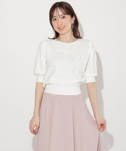 WILLSELECTION（ウィルセレクション）の「リボンラメニットプルオーバー（ニット/セーター・レディース・ピンク/ホワイト×ブラック/ブラック/オフホワイト・FREE）」の2枚目の写真