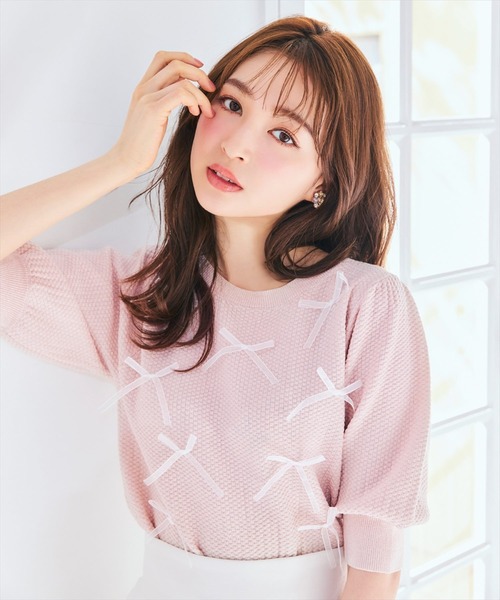 WILLSELECTION（ウィルセレクション）の「リボンラメニットプルオーバー（ニット/セーター・レディース・ピンク/ホワイト×ブラック/ブラック/オフホワイト・FREE）」の4枚目の写真
