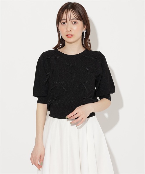WILLSELECTION（ウィルセレクション）の「リボンラメニットプルオーバー（ニット/セーター・レディース・ピンク/ホワイト×ブラック/ブラック/オフホワイト・FREE）」の3枚目の写真