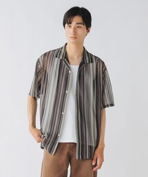 レース ストライプ オープンカラー シャツ