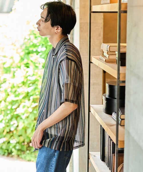 BEAMS HEART（ビームスハート）の「レース ストライプ オープンカラー シャツ（シャツ/ブラウス・メンズ・ブルー/ベージュ/ネイビー・MEDIUM/LARGE/SMALL）」の4枚目の写真